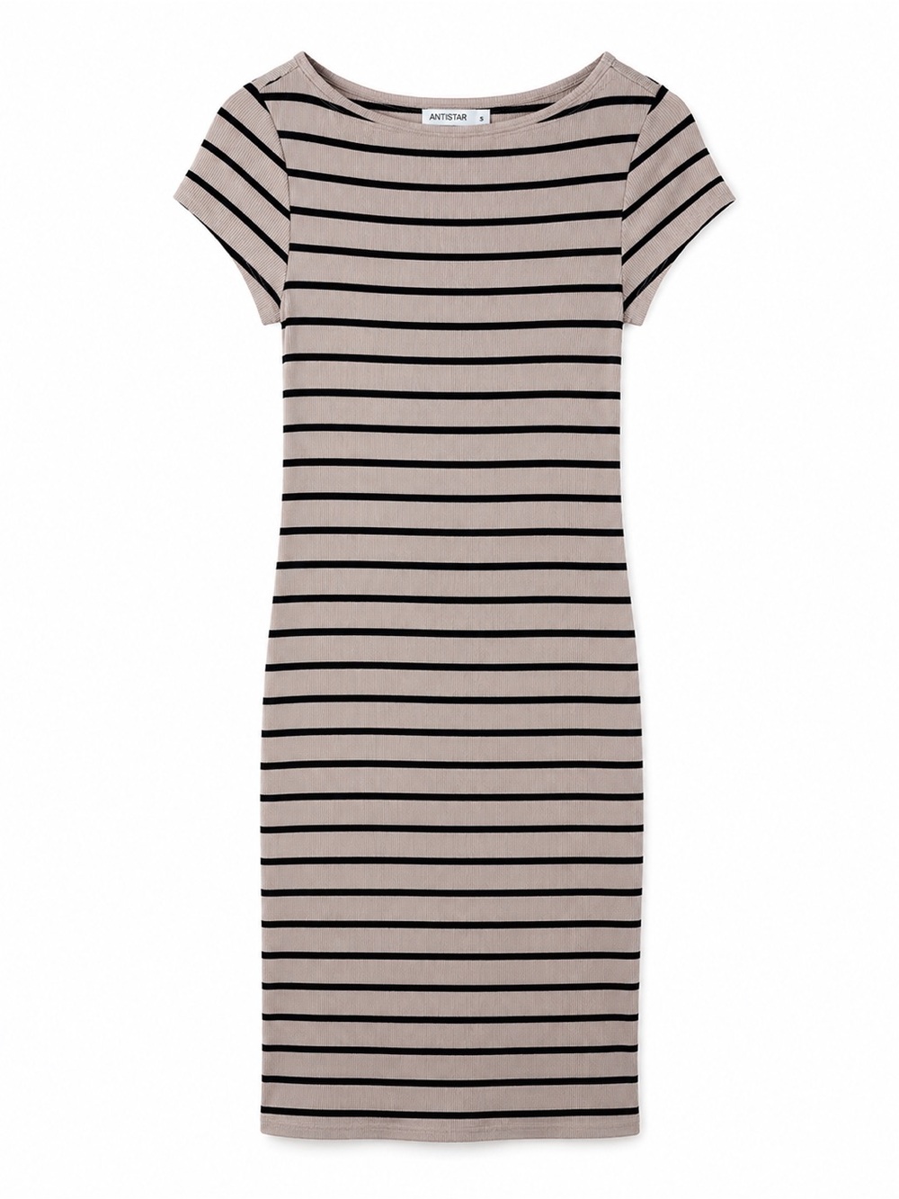 T.J.Maxx Beige and Black Striped Short Sleeve Midi Dress